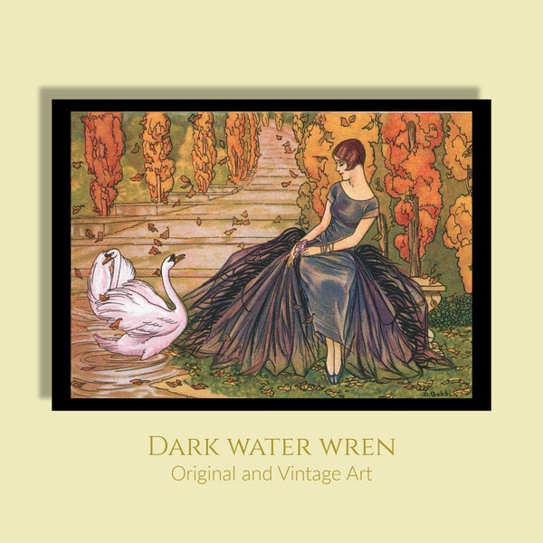Art Nouveau Woman with Swans art print by Kunst, digital download with six square and horizontal sizes up to 18x24 poster