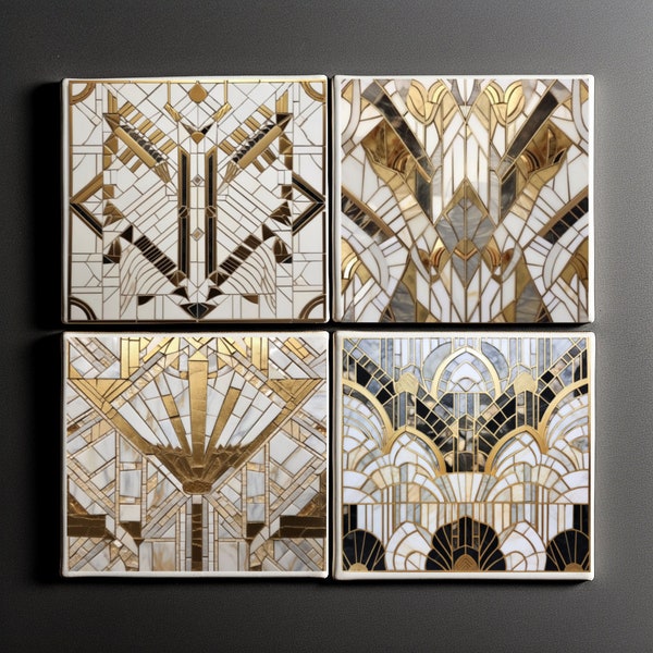 Art Nouveau Ceramic Tile Coasters, Art Deco, gold and white mosaic tile