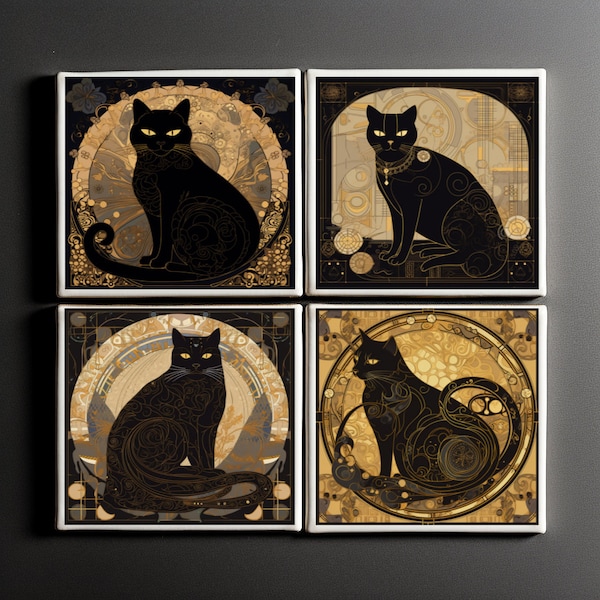 Art Nouveau Ceramic Tile Coasters, Art Deco black cats inspired by Gustav Klimt