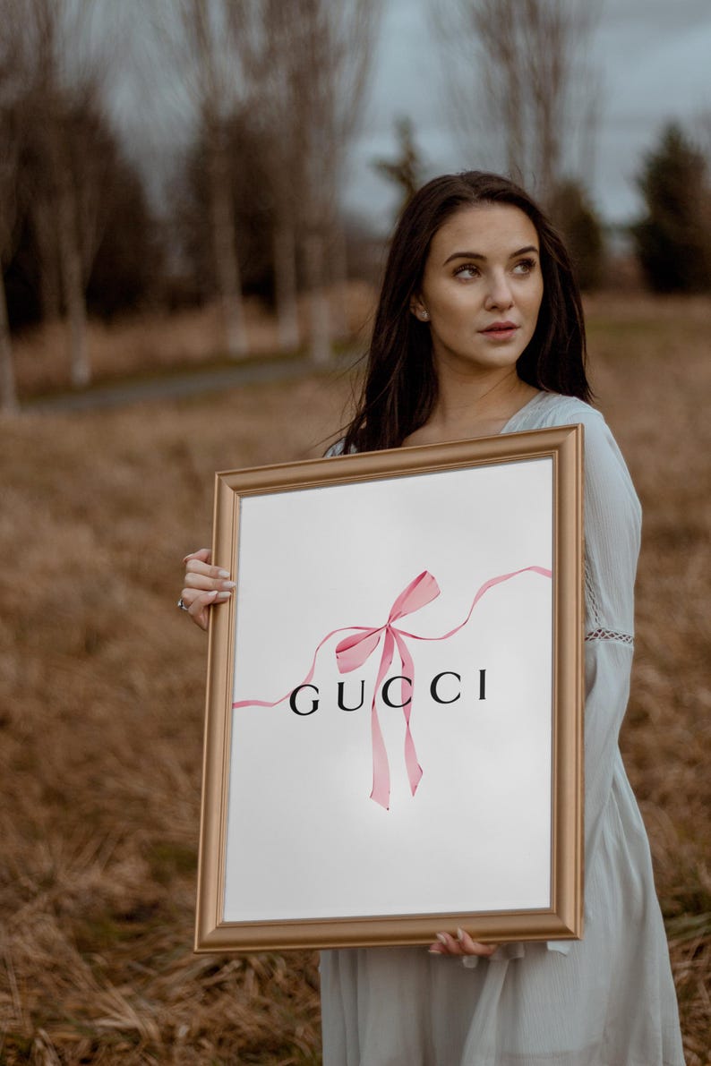 Coquette Pink Bow Gucci Wall Art, Watercolor Coquette Bow Print