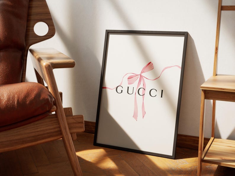 Coquette Pink Bow Gucci Wall Art, Watercolor Coquette Bow Print