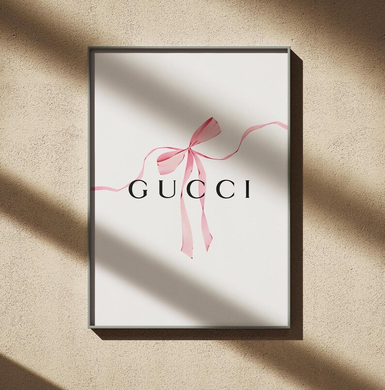 Coquette Pink Bow Gucci Wall Art, Watercolor Coquette Bow Print