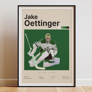 Pôster de Jake Oettinger, arte de parede do Dallas Stars, decoração de parede de hóquei, presentes para fãs de hóquei, pôster de hóquei para impressão