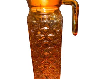 Juice Pitcher Orange Beveled Star Pattern Glass Tall Square Vintage Look
