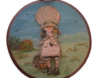 Vintage 1970er Jahre “Holly Hobbie” 3-D Layered Paper Art Bild Plakette