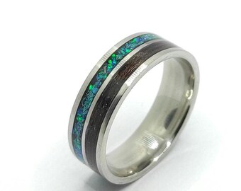 Handmade Ring 8mm Surgical Steel with Neon Green Opal & Walnut Wood Inlay - Unique Two-Tone Design - double Channel Band