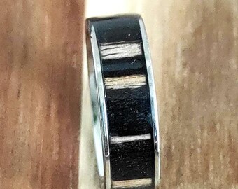Men's ring made of surgical steel decorated with black zebrano wood veneer - Black Zebrawood Tree Ring - Men's Accessory - Men's Jewelry