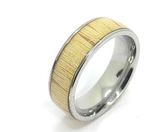 Mens Beech Wood Ring with Surgical Steel Band | 8mm Wide | Handcrafted Beech Veneer Inlay | Modern Design | Comfortable Fit | Perfect Gift