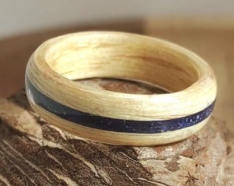 Handmade Birch Wood Ring With Blue Glitter Inlay – Minimalist Rustic Wooden Promise Ring For Her, Eco Friendly Custom Gift Jewelry