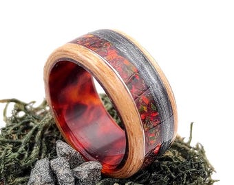 Handcrafted ring made of red Celluloid  and crushed opal, Unusual wooden ring, fiery ring pattern, red opal with dark Grey addition