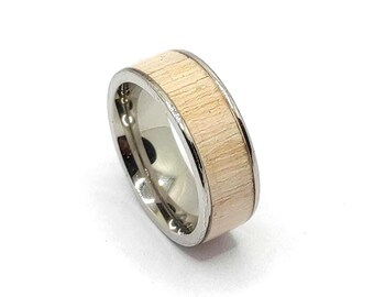 Handcrafted Men's White Oak Ring, Stainless Steel Band, White Oak Veneer on Stainless Steel | White Oak Mens Ring, Men's White Oak