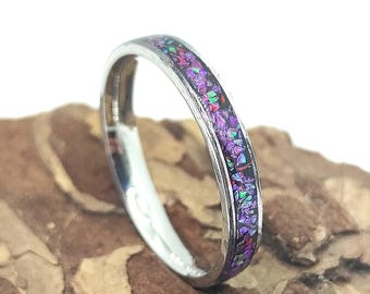 Handmade Neon Pink Opal Ring – Dainty Stainless Steel Band - Minimalist opal inlay Jewelry - Gift for Her, Birthday and Anniversary