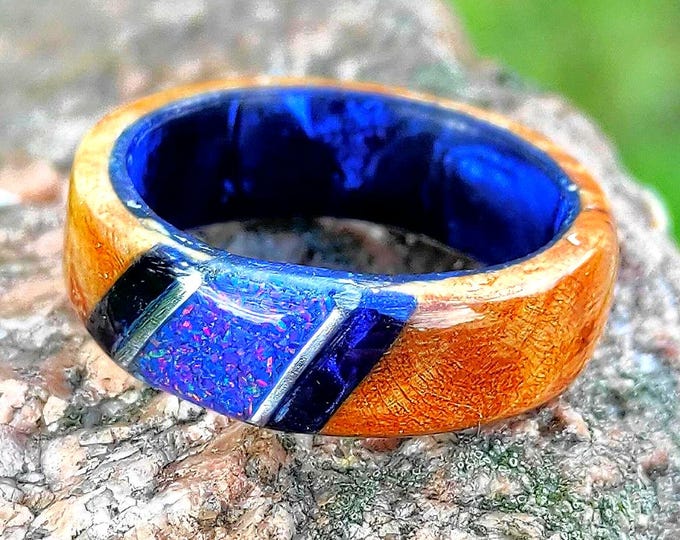 Featured listing image: Wooden Ring made of Burl Wood with Crushed Blue Opal and Surgical Steel on a Dark Blue Core, Wood Ring For Men, Wood Ring For Women