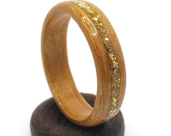 Handmade Teak Wood Ring With Gold Glitter Inlay – Custom Rustic Promise Ring For Her, Wooden Rings With Gold For Women