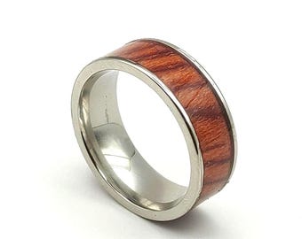 Modern Spanish Rose Wood Ring, Sleek Stainless Steel Band for Men, Unique Wood Inlay, Stainless Steel Band, Spanish Rose Wood Ring,