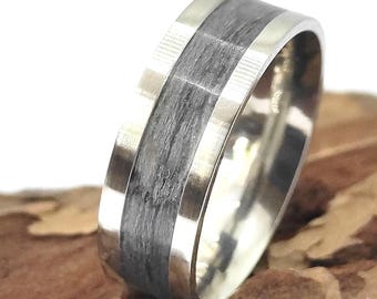 Stainless Steel Channel Ring, Grey Oak, Wood Veneer inlay Ring, Metal Band, Handcrafted Jewelry, Mens Ring, Unique Grey Oak