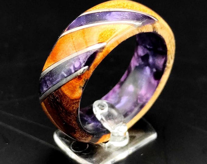 Featured listing image: Mystic Purple Celluloid Ring in Birch Burl Wood - Minimalist, Unique Wedding Band or Gift