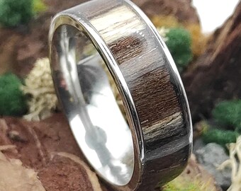 Ring with Zebrano wood insert , Men's Ring , Metal Band , Zebrawood Veneer , Anniversary Band , Durable , Surgical steel , Men's world