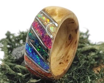 handmade burl ring decorated with seven colors of opals, chakra ring, esoteric pattern, multicolored ring, power ring, gift