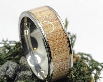 Minimalist Pastel Oak & Stainless Steel Men's Ring | 8mm Band | Handmade