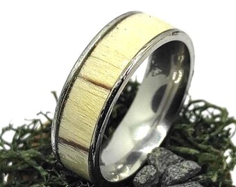 Unique Men's Ring with White Ice Wood Veneer Inlay - Handmade Wooden Band - Rustic Jewelry for Him - Perfect Gift