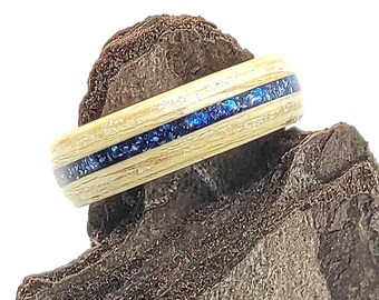 Handmade Birch Wood Ring With Blue Glitter Inlay – Minimalist Eco-Friendly Promise Ring For Her, Custom Wedding Band Gift