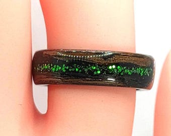 Handmade Zebrano Wood Ring With Green Glitter Inlay – Custom Natural Wooden Band For Women – Eco Friendly Minimalist Statement Ring
