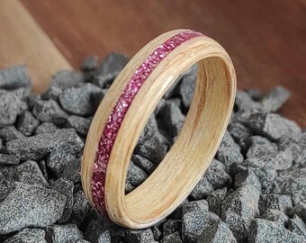 Handmade Pink Glitter Birch Wood Ring – Minimalist Custom Wooden Band, Eco-Friendly Rustic Promise Ring for Her, Boho Inlay Wedding Band