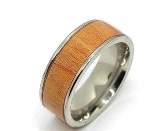 Caramel Tone Wood Inlay Men's Ring, Minimalist Men's Caramel Koa Wood Ring, Caramel Tone Wood Inlay Men's Ring, Polished Stainless Steel