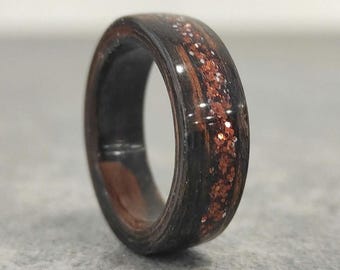 Handmade Ebony Wooden Inlay Ring With Copper Glitter – Custom Bentwood Band, Rustic Minimalist Style, Eco-Friendly Gift For Her