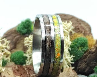 Zebrano Wood & Yellow Green Opal Band , 8mm Surgical Steel , Double Channel Band , Ring with Zebrawood , Crushed Yellow-Green Opal