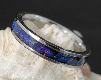Handmade Midnight Opal Ring – Crushed Opal Band, Water Resistant Stainless Steel Minimalist Jewelry – Opal Engagement Or Anniversary Ring