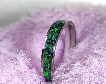 Handmade Oceanic Green Crushed Opal Ring - Stainless Steel Band - Minimalist Ocean-Inspired Jewelry - Unique Opal Birthday Gift For Her