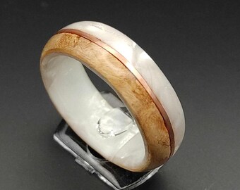 Handmade ring with white celluloid insert, wooden ring with pearl finish, wood, celluloid, copper Amazing women's ring, wedding band