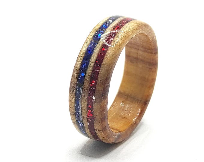 Featured listing image: Handmade Willow Wood Ring with Red and Blue Glitter – Custom Eco-Friendly Band, Unique Gift for Her, Minimalist Wood Jewelry