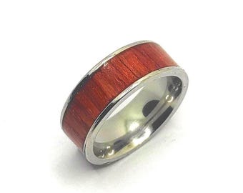 Stylish Men's Ring Made of Mahogany Wood Veneer on Surgical Steel Band – Unique Handmade Jewelry for Him, Perfect Gift for Any Occasion