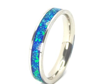 Handmade Turquoise Opal Ring – Blue Gemstone Band, Minimalist Stainless Steel Jewelry For Women - Unique Gift For Her – Opal Wedding Band