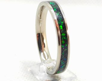 Handmade Dark Green Opal Band – Elegant Ring With Crushed Opal, Minimalist Stainless Steel Jewelry, Unique Gift For Women, Engagement Ring