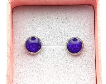 Handmade Small Purple Resin Earrings, Hypoallergenic, 6mm Purple Resin Screw-Back Earrings, Surgical steel stud earrings