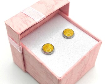 Handmade Golden Yellow Resin Stud Earrings, Surgical Steel Womens Studs, Minimalist 6mm