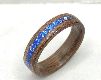 Handmade Oak Wood Ring With Blue Glitter For Her – Unique Minimalist Eco-Friendly Wooden Wedding Band Or Promise Ring Gift