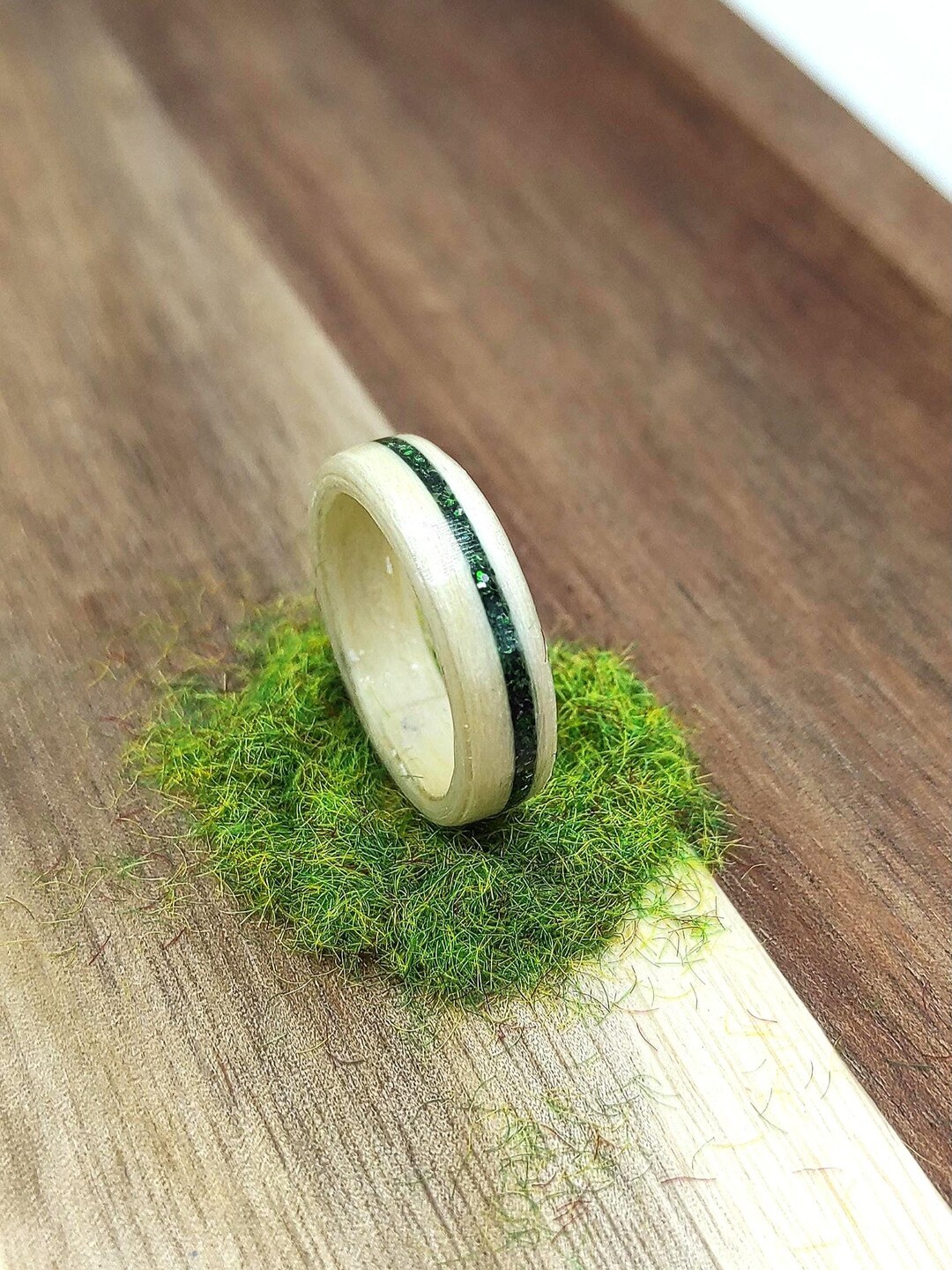 Maple Wood Ring With Green Glitter Unique Design Organic Style Artisan ...