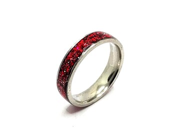 Red Glitter Surgical Steel Ring | 5mm Wide | Handmade | Women's Gift | Sparkling Red Glitter Ring | 5mm Surgical Steel Band | Handmade