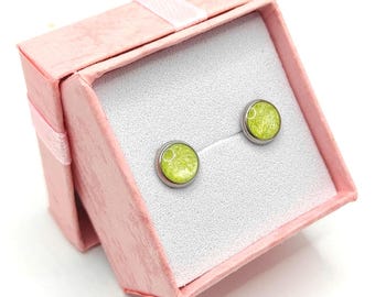 Handmade Yellow Green Resin Stud Earrings, 6mm Surgical Steel Screw-Back - Nickel-Free Jewelry