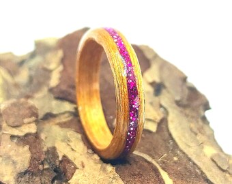 Handmade Teak Wood Ring With Fuchsia Glitter Inlay, Minimalist Pink Band For Women, Rustic Eco-Friendly Promise Ring, Made To Order