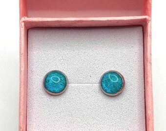 Handmade surgical steel stud earrings , Small Teal Resin Earrings , Hypoallergenic , 6mm Teal Resin Screw-Back Earrings , Surgical Steel