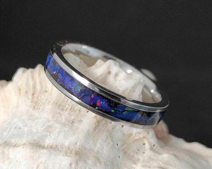 Featured listing image: Handmade Midnight Opal Ring – Crushed Opal Band, Water Resistant Stainless Steel Minimalist Jewelry – Opal Engagement Or Anniversary Ring
