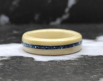 Handmade Maple Wooden Ring With Sapphire Inlay, Custom Bent Wood Band, Minimalist Eco-Friendly Gift For Women, 5th Anniversary Ring