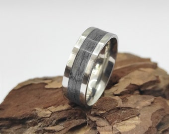 Graue Eiche - Holzfurnier-Inlay-Ring - Metallband - Handgefertigter Schmuck - Chirurgenstahlring - Herrenring - Einzigartiger grauer Eichenring - Grauer Ring