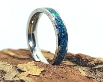 Handmade Dark Turquoise Opal Ring – Water Resistant Surgical Steel Band - Minimalist Crushed Opal Jewelry, Unique Gift For Any Occasion